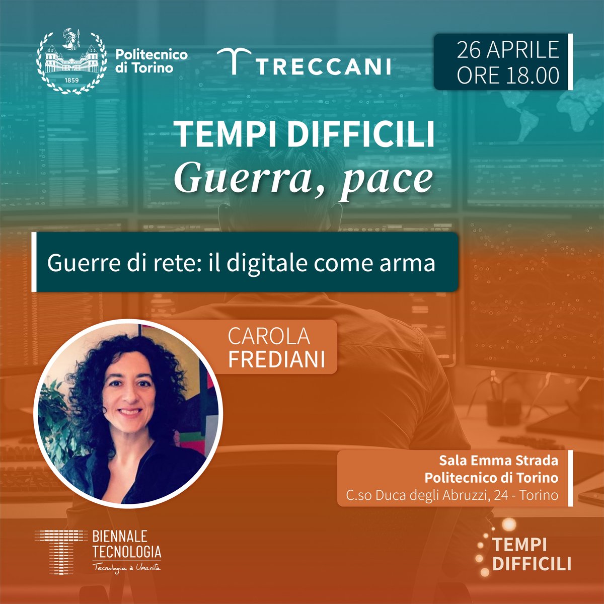 PoliTOnews's tweet image. #TempiDifficili   

Sta per iniziare la quinta lezione di &quot;Tempi difficili: Guerra, pace&quot;:  &quot;Guerre di rete: il digitale come arma&quot; - con @carolafrediani

📺Seguila qui: youtube.com/watch?v=OJK0cl… 

#BiennaleTech | @BiennaleTech | @Treccani