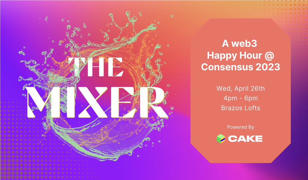 CakeApp_xyz's tweet image. Stoked to connect with everyone at @consensus2023! 

 It's not too late to RSVP to our happy hour this evening . . . cake, cocktails, tacos and good vibes with the crew! 

Come by and cheers with @goodmontheth &amp;amp; @0x1m2m3 🥂 🍰 

RSVP here --&amp;gt; lu.ma/themixer