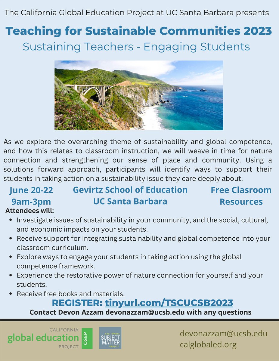 K-12 teachers, don't miss this professional development opportunity: <a href="/CalGlobalEd/">CGEP</a> will present Teaching for Sustainable Communities 2023, a restorative and community-based approach to integrating sustainability into classroom curriculum, this June 20-22. bit.ly/3HbM5Cv