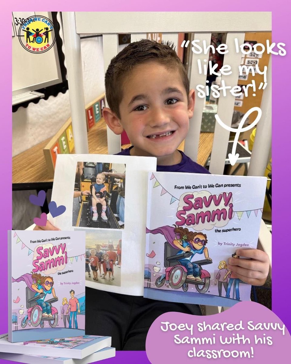 Repost from @WeCant2WeCan 
Joey bought our book, Savvy Sammi, to read during his school’s “Abilities Week!” He said, “someone looks like my sister, Macie!”

You can buy “Savvy Sammi” on Amazon  here: a.co/d/96ejhCM

#representationmatters #inclusionmatters #wheelchair