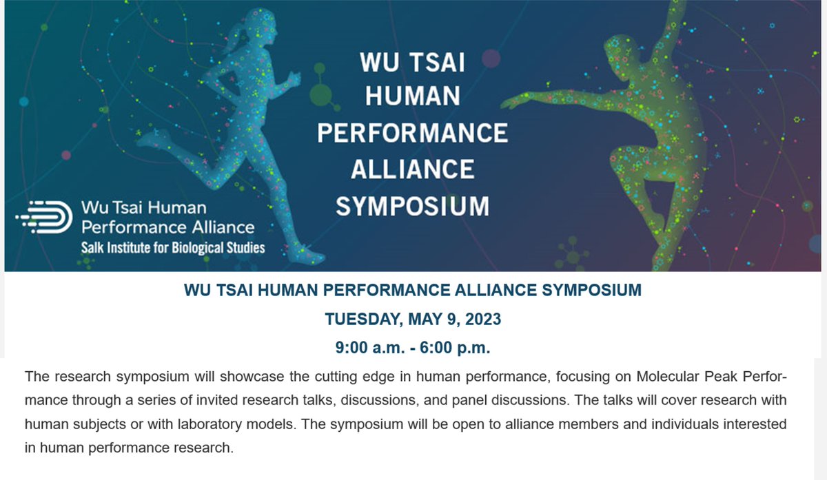 Human performance emerges from complex interactions among molecules and cells throughout our body. 
We have a limited registration spots for the Wu Tsai Human Performance Alliance symposium at Salk 
<a href="/WuTsaiAlliance/">Wu Tsai Human Performance Alliance</a> <a href="/salkinstitute/">Salk Institute</a> 
salk.edu/events/science…