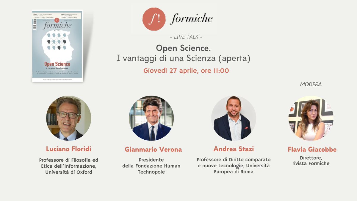🔴 Save the date

🧪Open Science. I vantaggi di una Scienza (aperta). Il live-talk di presentazione della rivista Formiche

🕚Giovedì 27 aprile alle ore 11

🔗 bit.ly/40FWQDZ