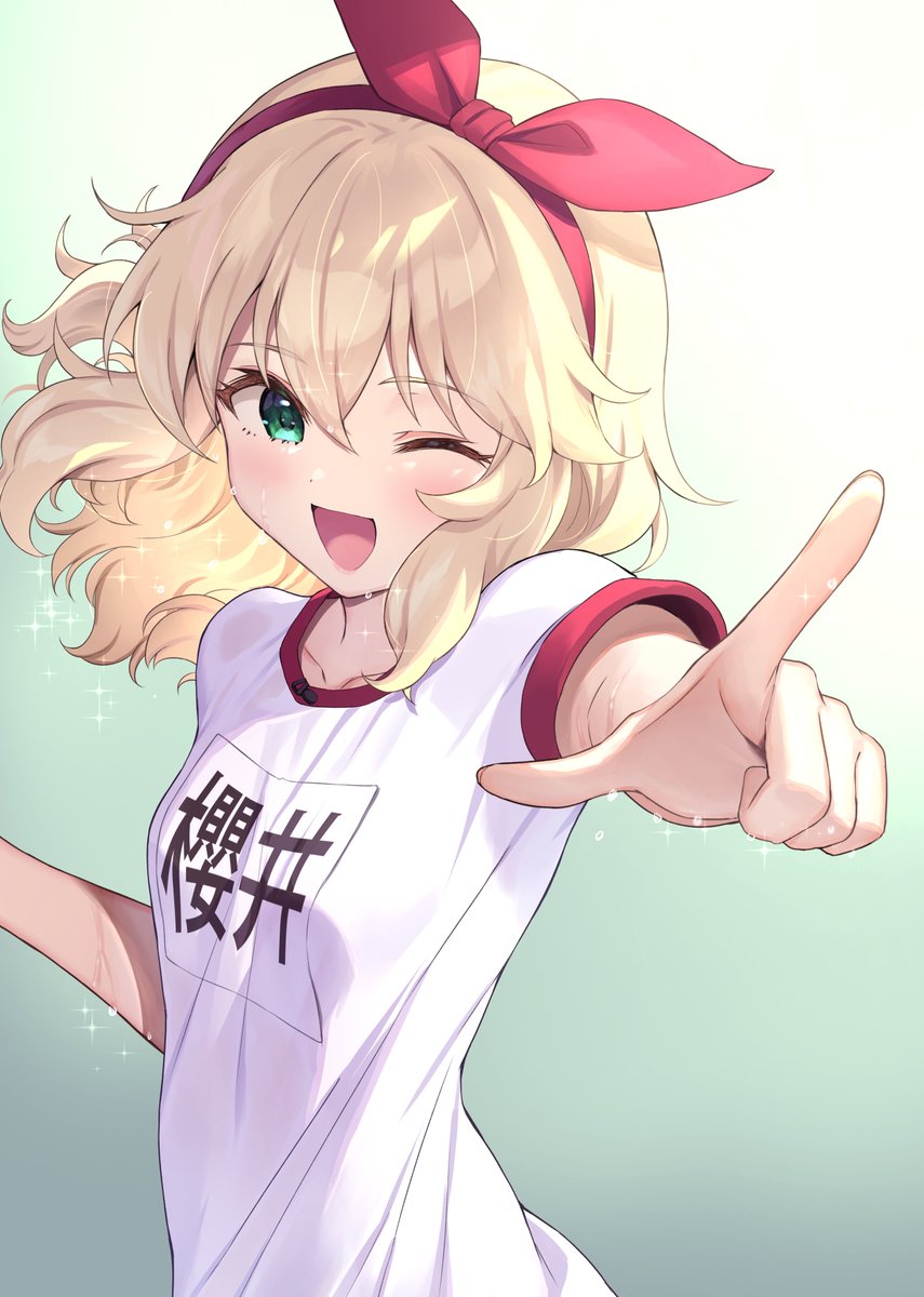 sakurai momoka 1girl blonde hair one eye closed solo green eyes name tag smile  illustration images