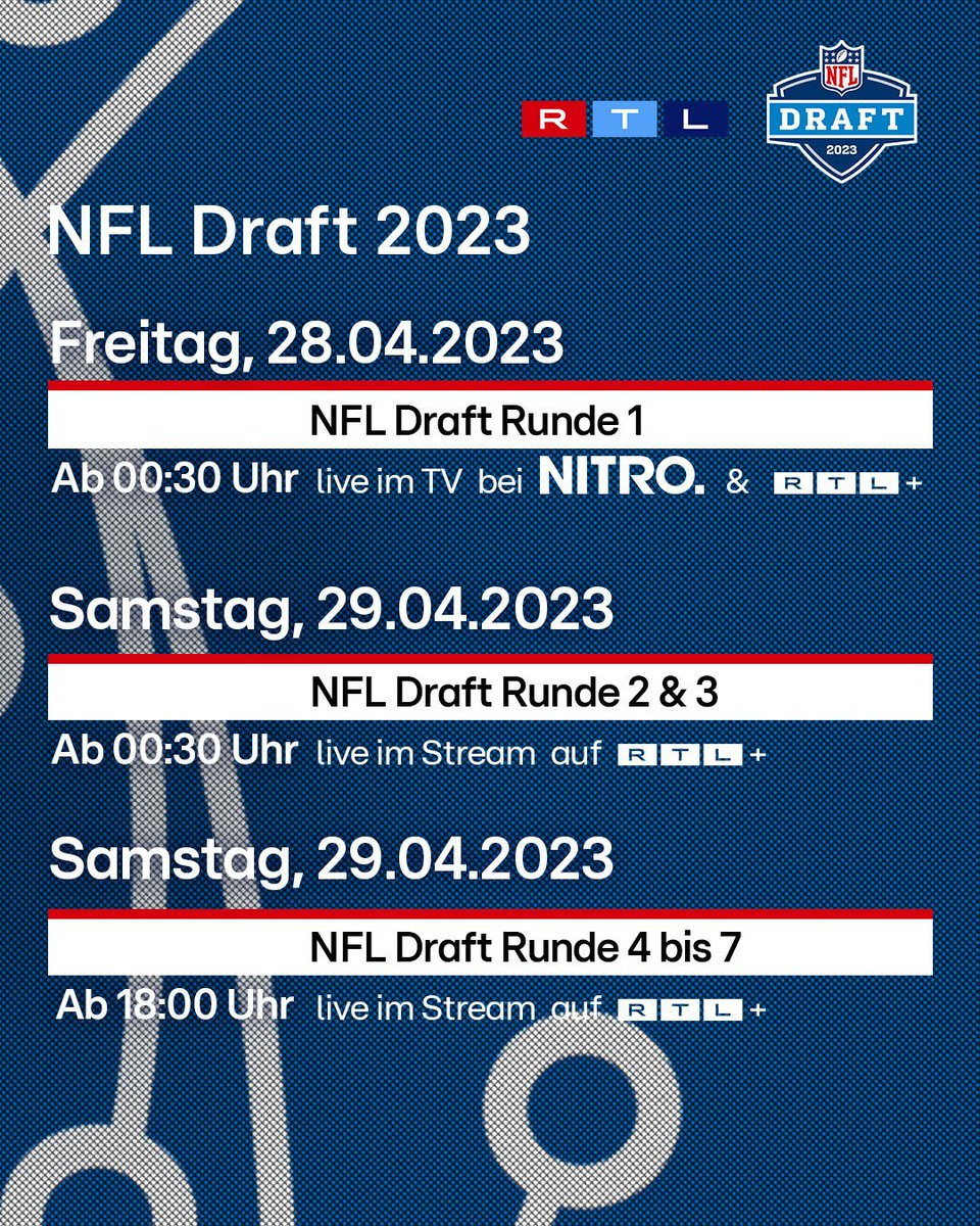 RTLplus's tweet photo. Euer Zeitplan für die Draft-Nächte bei RTL+ &amp; @NITRO: Featuring Jan Stecker, Sebastian Vollmer &amp; Markus Kuhn (live in Kansas) und @kucze22 + Friends in Köln 🏈
 
➡️ Alles live und for free auf RTL+ im Stream: https://t.co/yj9eW1GhHS
 
#rtlnfl #nfl #nfldraft2023 #rtlplus #nitro https://t.co/Iv6wxR4rNf