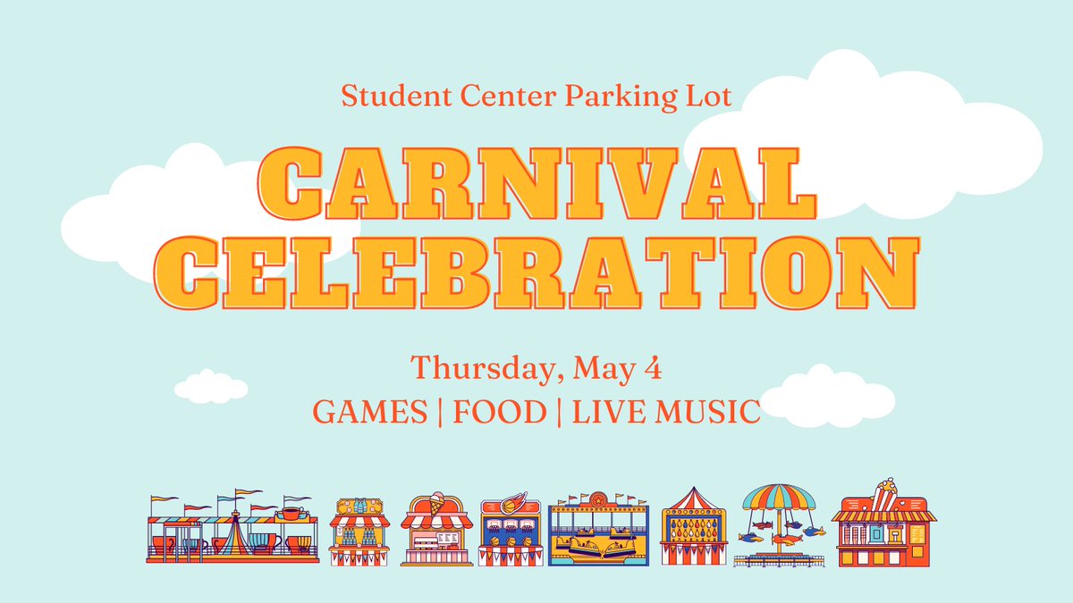 We're bringing the carnival to YOU! Thursday, May 4th, 11 AM-2 PM in the Student Center Parking Lot! 

Join us for a Carnival featuring six different carnival-style games, a prize wheel, an inflatable, Culinary Gangsters food truck, and a chance to dunk our new president!