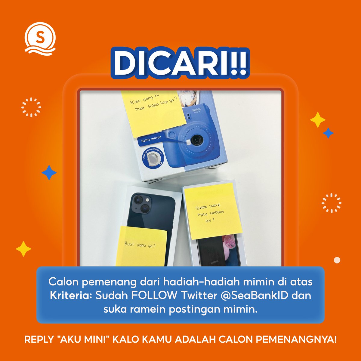 SeaBankID's tweet photo. LAGI NYARI PEMENANG HADIAH INI🤓

Perhatiin kriteria di bawah dan pastiin kamu udah FOLLOW TWITTER mimin ya! REPLY "AKU MIN!" sekarang kalau kamu adalah calon pemenangnya~ https://t.co/eqEKiSZj9u