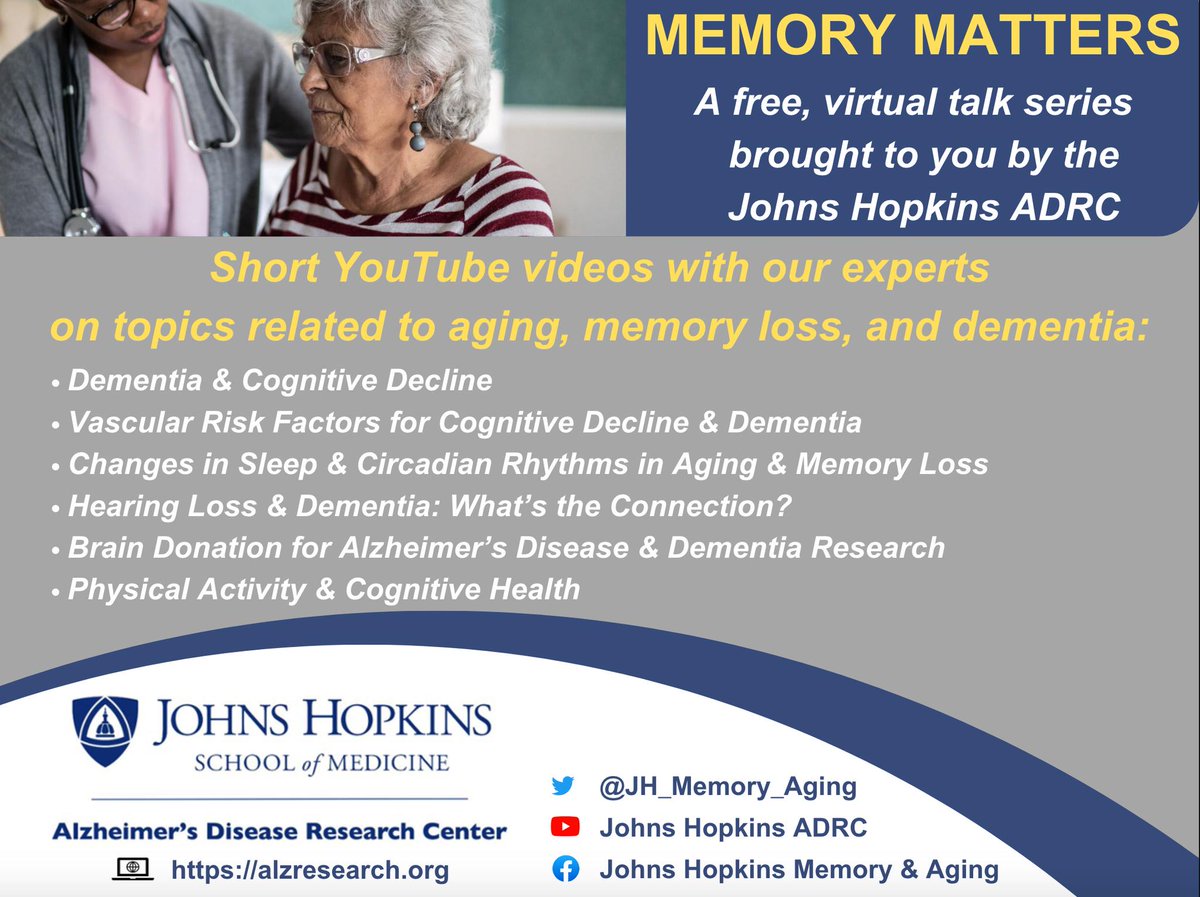 JH_Memory_Aging's tweet photo. Have questions about reducing your risk of #cognitive decline, #memory loss, #Alzheimers & #dementia?
Our short, free, expert #JHMemoryMatters talks may answer your questions.
Visit our YouTube at your convenience: https://t.co/TFQtGVyjM3
FYI @HopkinsMedNews @HopkinsMedicine https://t.co/eGPWahqorc