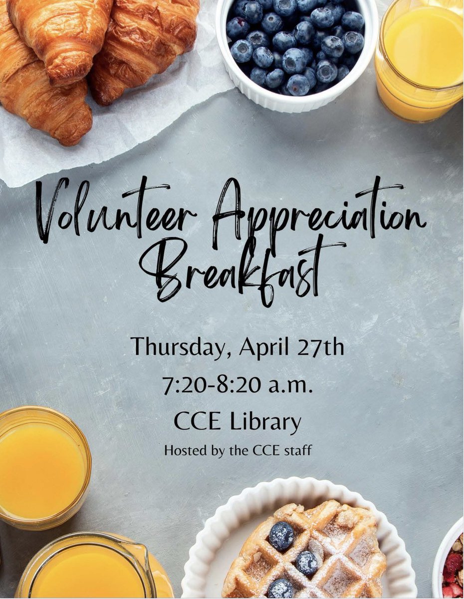 WE are invited to breakfast!

Tomorrow morning, the staff is turning the tables and spoiling US!

If you have volunteered in any way for the school this year, you’re invited.

#ccebettertogether💙