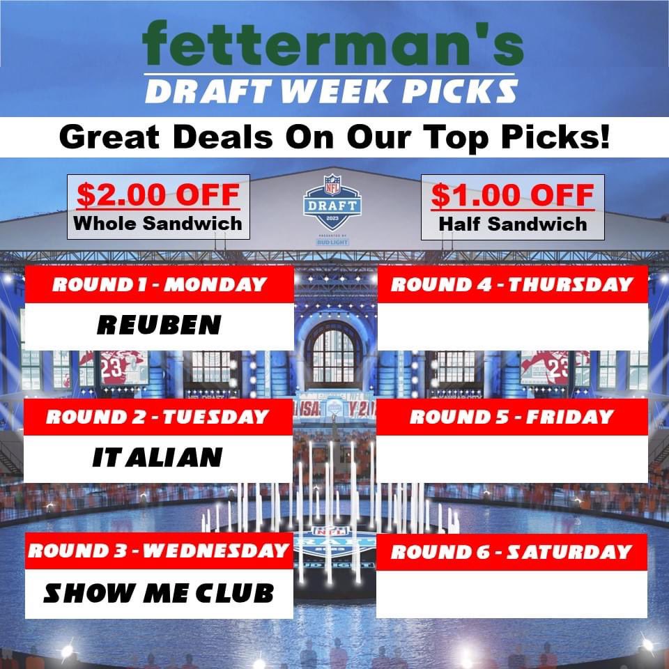 FettermansDeli's tweet photo. Draft Week Round 3 - Grab this deal on our Show Me Club! #draftweek #kcmo #showmestate #showmeclub https://t.co/nvi2NvHrE7