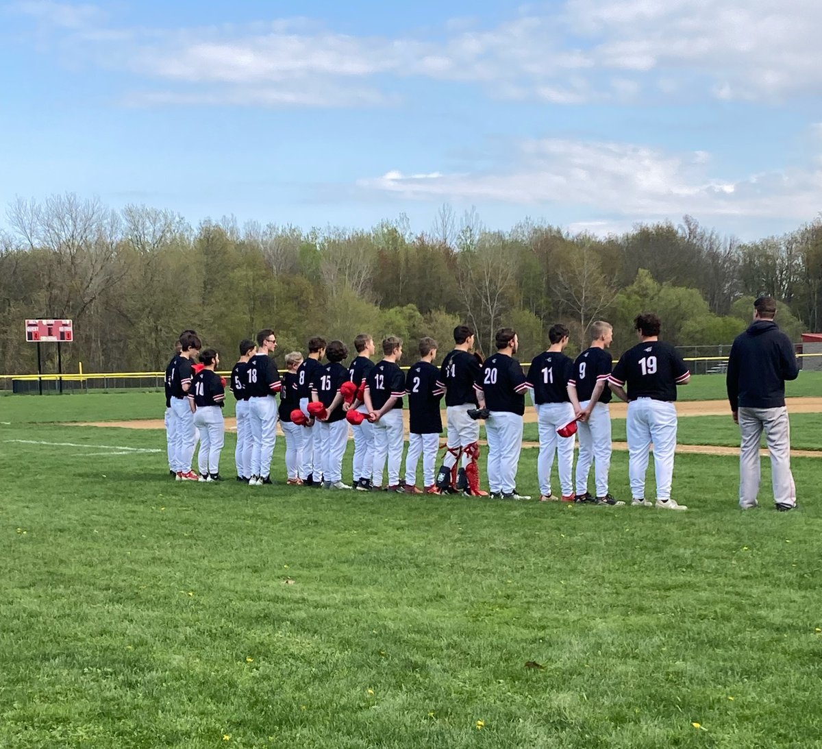 The JV Boys Baseball team stood together and sang the National Anthem before their game against Sodus last night. They do this for every home game. #RAMSPROUD