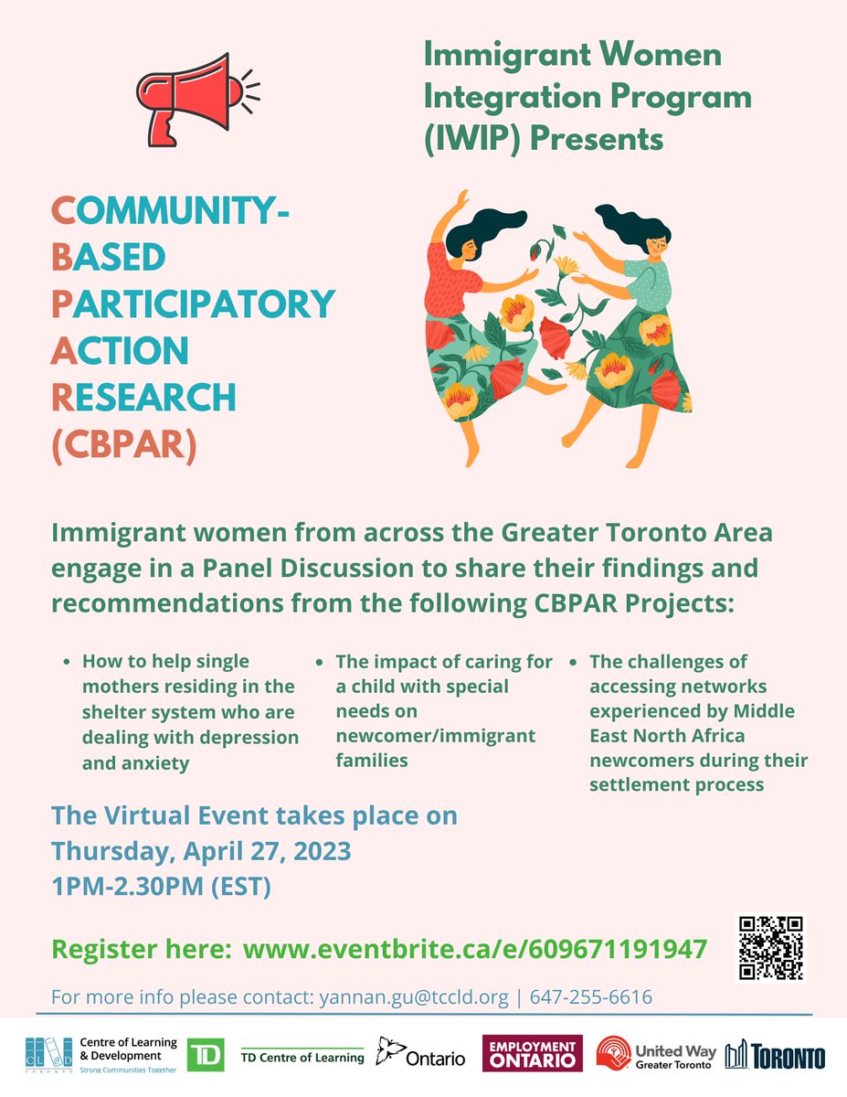 torontocld's tweet photo. Please join us for Community-based Participatory Action Research (CBPAR) presentations from our Immigrant Women Integration Program (IWIP)!
The virtual event is taking place on Apr 27th from 1:00 - 2:30pm.
Register here: https://t.co/ArhQuSSkUq
#strongcommunitiestogether https://t.co/JjPrxKPzm6
