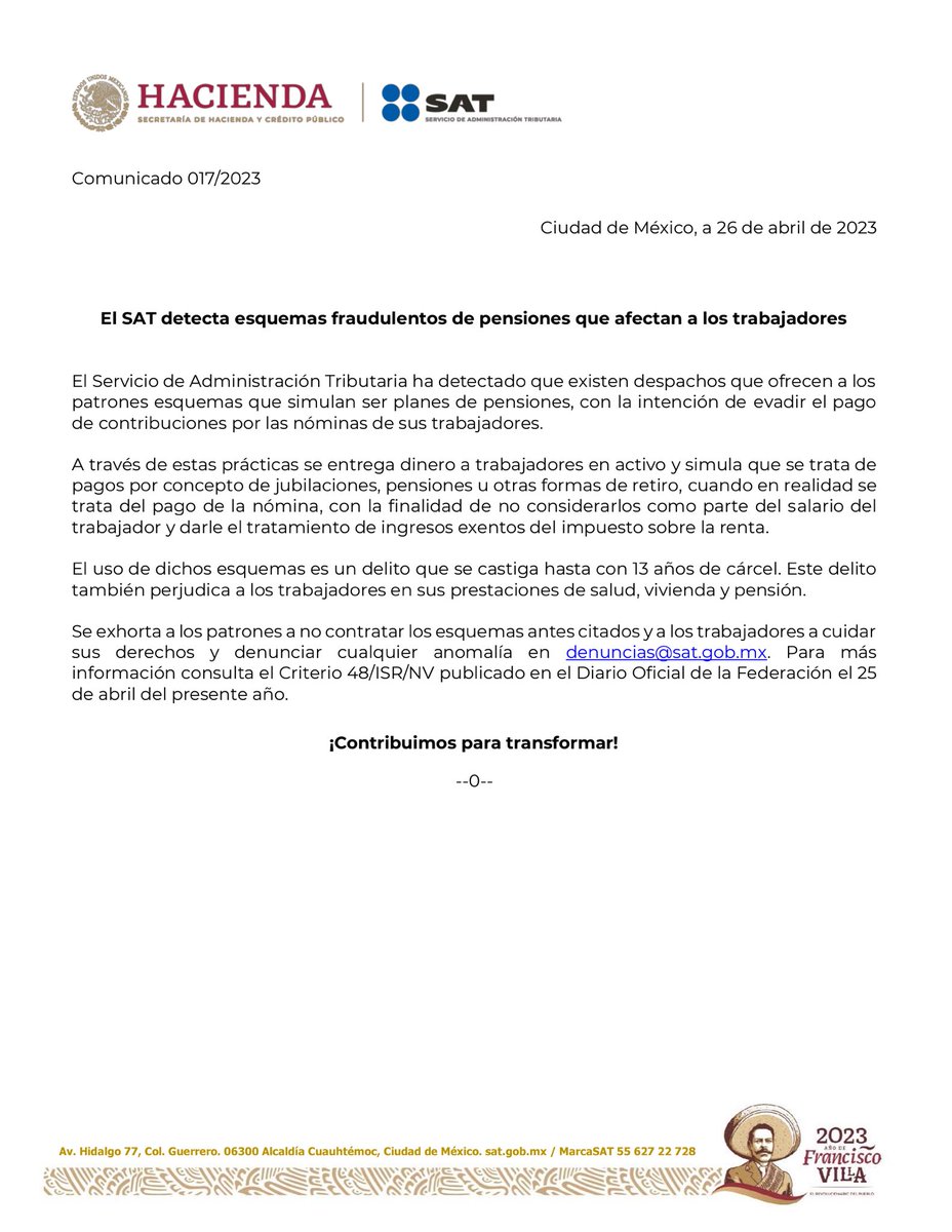 SATMX's tweet photo. #ComunicadoSAT

El SAT detecta esquemas fraudulentos de pensiones qué afectan a los trabajadores.

El uso de dichos esquemas es un delito que se paga hasta con 13 años de cárcel. 

Denuncia cualquier anomalía. https://t.co/nCWyHAw9lY