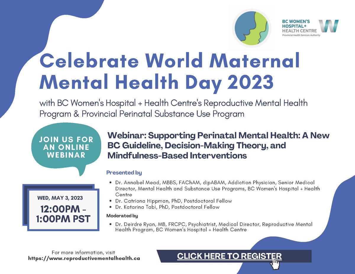 Calling all health care providers! Celebrate the upcoming #MaternalMentalHealthDay & join us for a webinar to learn how you can support perinatal mental health. Register to attend on May 3 at noon: ow.ly/TWPN50NL5oN @PHSAofBC @PerinatalBC