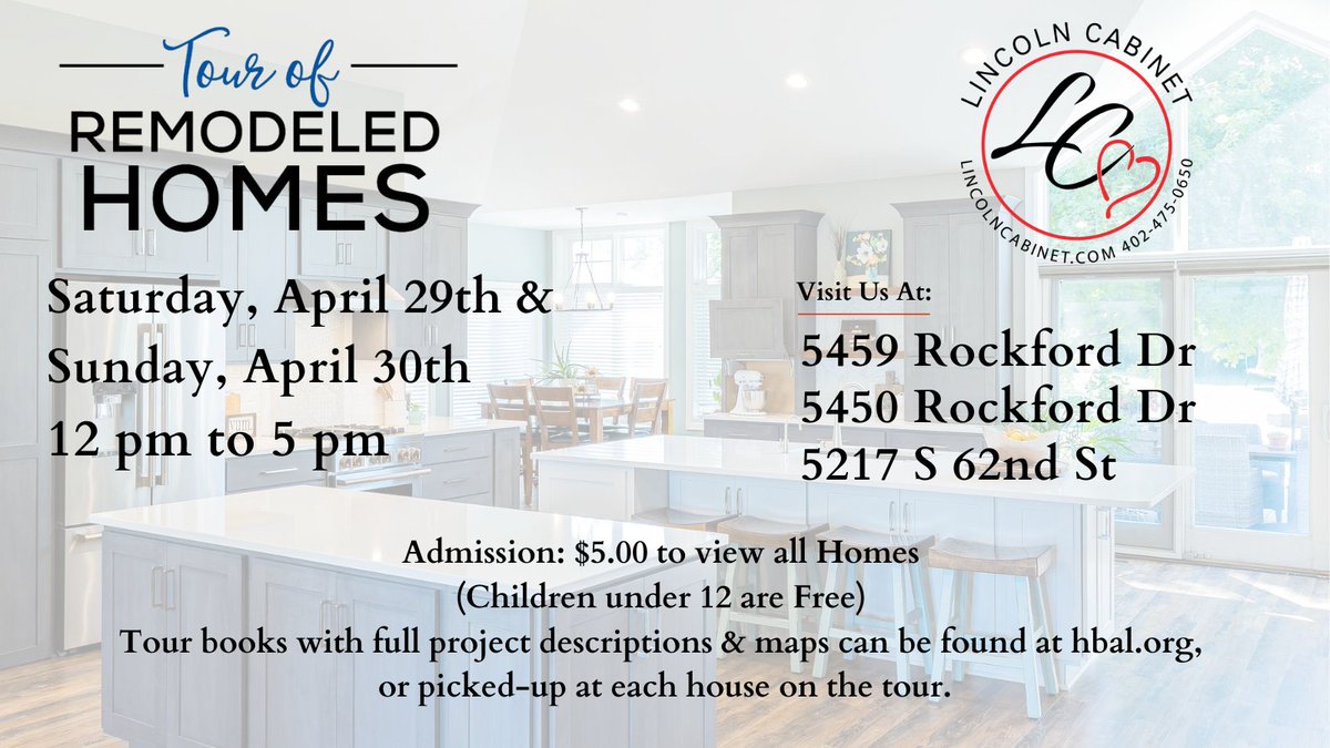 The 32nd Annual Tour of Remodeled Homes is coming up. Lincoln Cabinet will be featuring 3 homes this time around. Come and see what we do. #HomeBuildersAssociationofLincoln #RemodelersCouncilofLincoln #LincolnCabinet #TourofRemodeledHomes #RemodelingContractors