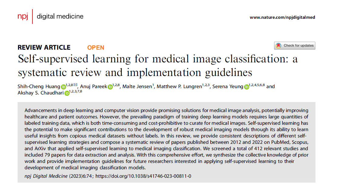 This #systematicreview of deep learning models that leverage self-supervised learning for medical image classification tasks aggregates the collective knowledge of prior work, consolidates terminology, and offers implementation guidelines.

nature.com/articles/s4174…