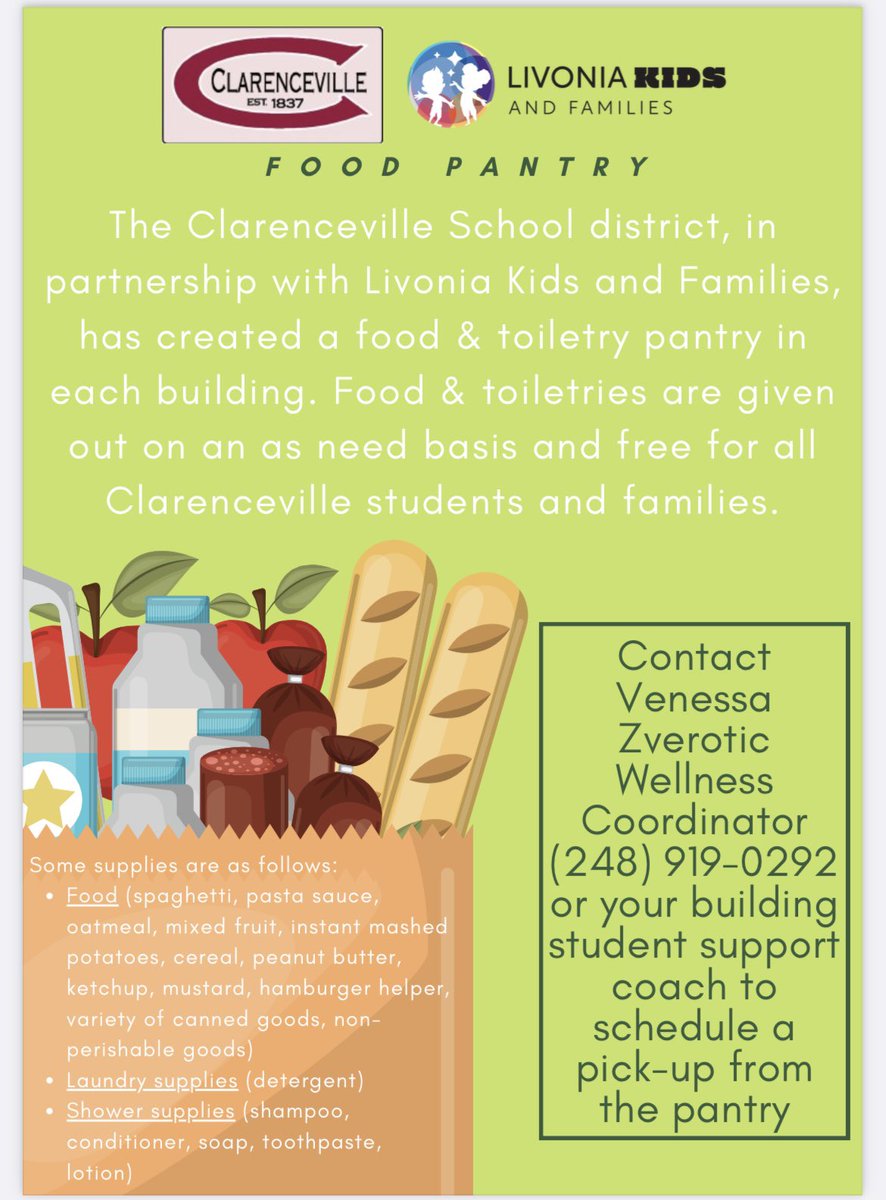 Food pantries are up and running for the Clarenceville School District! <a href="/livoniakf/">Livonia Kids And Families</a> <a href="/CvilleSupe/">Paul K. Shepich</a> <a href="/Grandview_Elem/">Grandview Elementary</a> <a href="/BotsfordElem/">Botsford Elementary School</a> <a href="/cmstrojanpride/">Clarenceville Middle School</a> @TBN_education <a href="/CvilleStuCo_/">Clarenceville Student Congress</a>