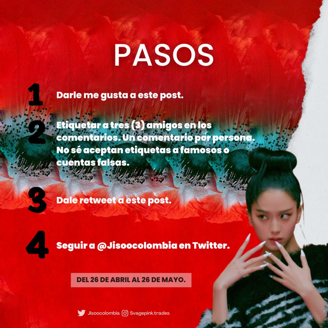JISOOCOLOMBIA's tweet photo. 🚨GIVEAWAY PARA BLINKOOS DE COLOMBIA🚨

JISOOCOLOMBIA está rifando un álbum "ME" ver ROJA🌹♥️

Participar es muy fácil, en las imágenes encuentran los términos y condiciones para participar🔥

Mucha suerte a todos!!!

#JISOO #FLOWER #AllEyesOnMe #ME https://t.co/OysCI6C5mk