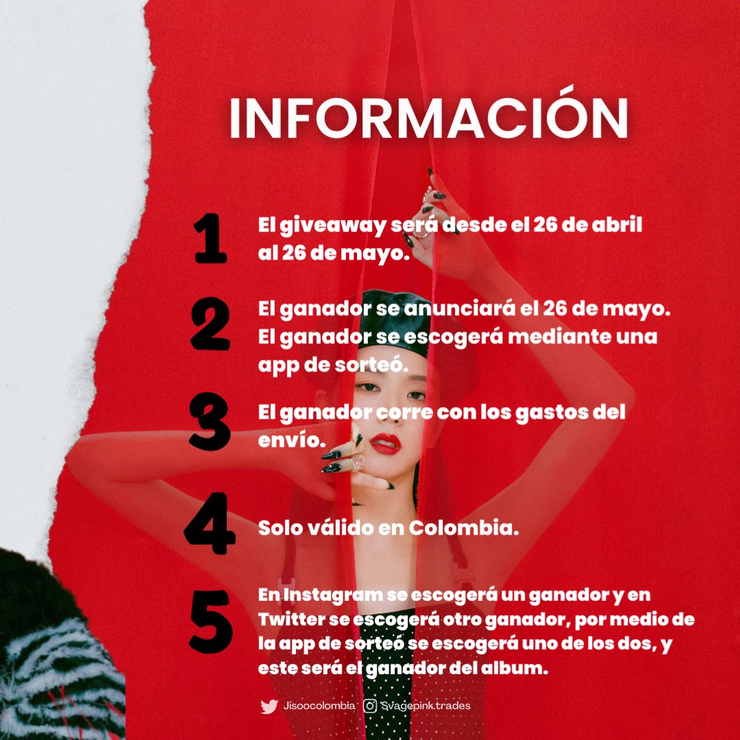 JISOOCOLOMBIA's tweet photo. 🚨GIVEAWAY PARA BLINKOOS DE COLOMBIA🚨

JISOOCOLOMBIA está rifando un álbum "ME" ver ROJA🌹♥️

Participar es muy fácil, en las imágenes encuentran los términos y condiciones para participar🔥

Mucha suerte a todos!!!

#JISOO #FLOWER #AllEyesOnMe #ME https://t.co/OysCI6C5mk