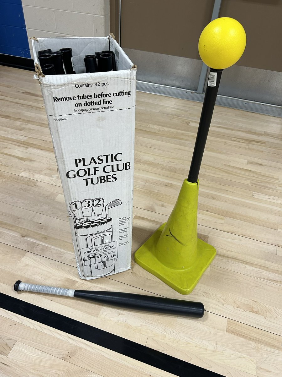 Favorite #PhysEd equipment hack.  Plastic golf club tubes + cone= inexpensive batting tee!