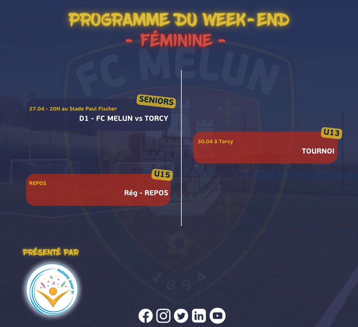🗓Planning des matchs du week-end 💥

Notre partenaire @paradisjump a le plaisir de vous annoncer le planning des rencontres de cette fin de semaine.

👶Pôle école de foot
👦Pôle pré-formation
🧔‍♂️Pôle formation
👩‍🦰Pôle féminin

Bon week-end à tous !

#TeamFCMelun ❤️💙