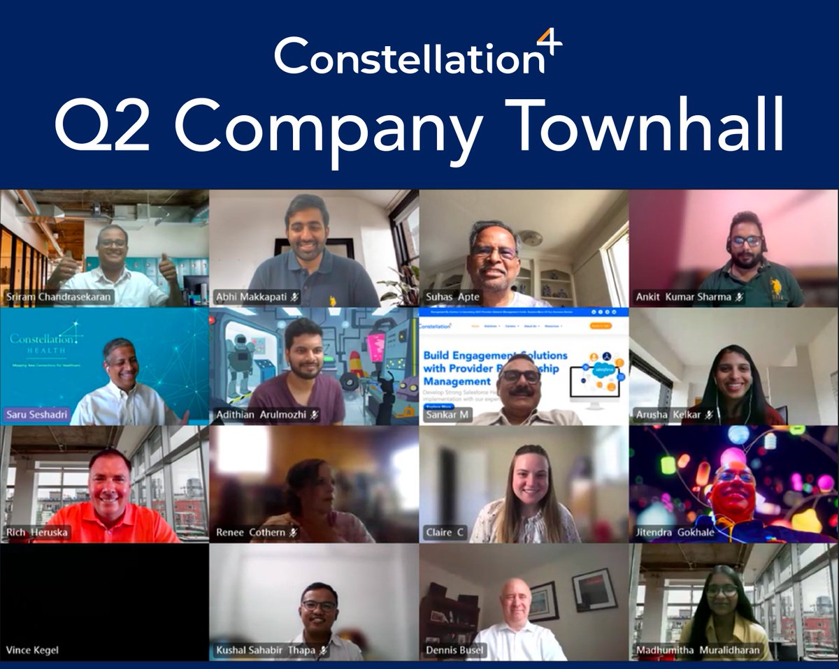 constell4health's tweet photo. Last week, we celebrated our 3 year anniversary during our 2nd Quarter Townhall Meeting. The event started with remote teams to play fun word and picture guessing games. Thank you Sriram Chandrasekaran and Madhumita Muralidharan for hosting! 😊

#Constellation4 #team #townhall https://t.co/vMFTU84m9f