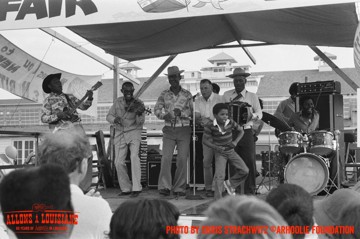 This 1977 photo by Chris Strachwitz captures a rollicking performance by Creole musicians Canray Fontenot and Bois Sec Ardoin and Lawrence Ardoin on drums at the New Orleans Jazz & Heritage Festival.  @JazzFest @Jazznheritage @JazzFestArchive @wwoz_neworleans @krvsmedia #Arhoolie