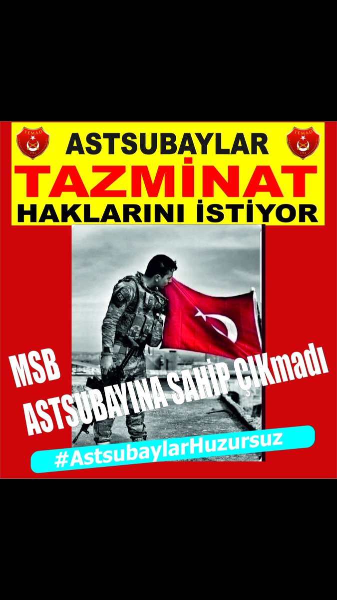 #GüçlüTemadGüçlüAstsubay
T.S.K.'nin fedakar zümresi Astsubaylar yok sayılıyor. Biz varız ama devlet terbiyemizden dolayı hep sustuk. Haksızlıklara itiraz ediyor ve statümüz gereği verilmeyen haklarımızın telafisini istiyoruz. 
<a href="/DurgenHamza/">Hamza DÜRGEN</a> <a href="/temadankara/">TEMAD Genel Başkanlığı</a>