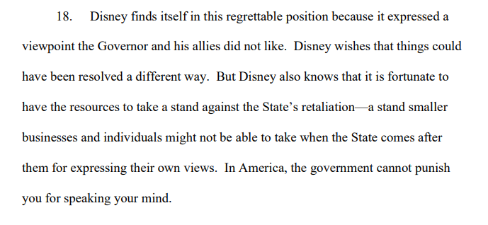 ScottGustin's tweet photo. Disney says it's fortunate to have resources to battle State’s retaliation, "a stand smaller businesses and individuals might not be able to take when the State comes after them for expressing their own views. In America, the government cannot punish you for speaking your mind." https://t.co/jpVbxfKsxG