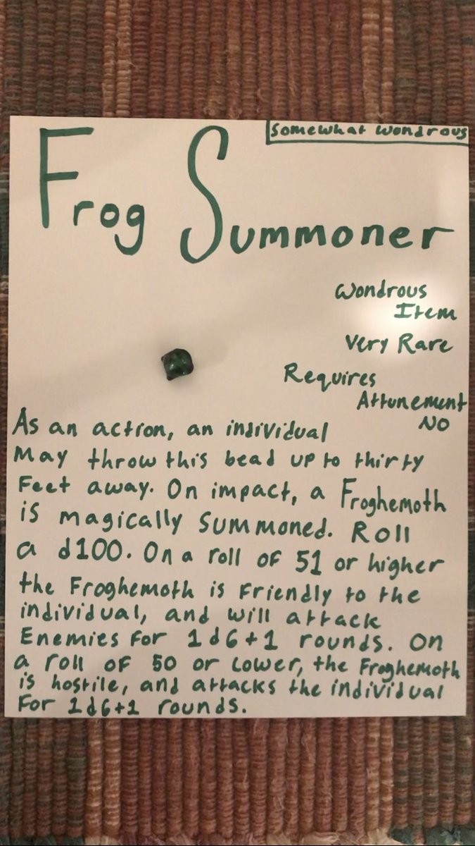 Frog Summoner: wondrous item

#dnd #dungeonsanddragons #dnd5e #dndhomebrew #dungeonsanddragons #dungeonsanddragonshomebrew #homebrew5e #diy #art #magicitem #magicitems #wondrousitem #frog