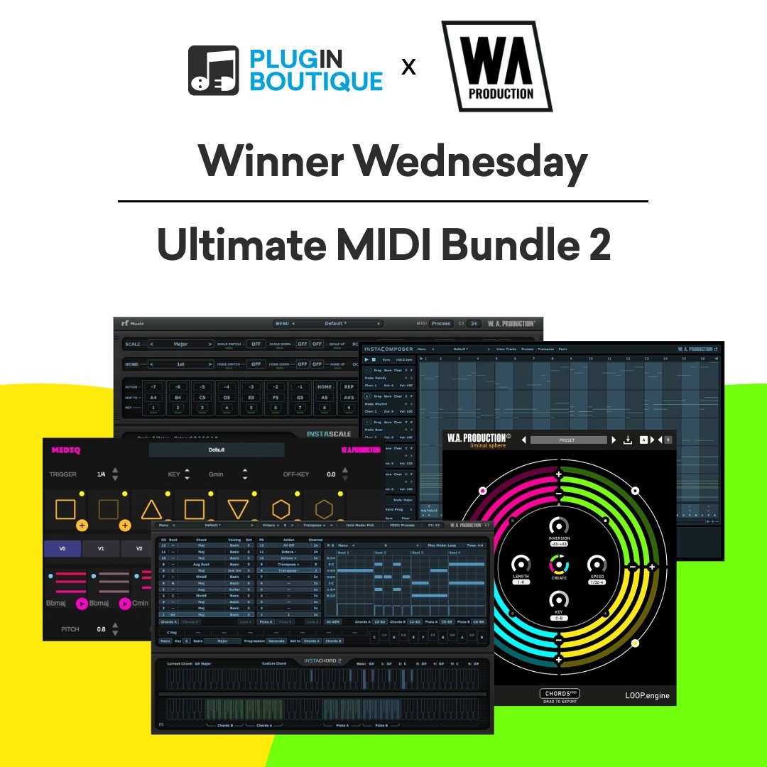 PluginBoutique's tweet image. We have partnered up with @WAProdSound to give you the chance to win their Ultimate MIDI Bundle 2😱 🎉
​
To enter, simply follow us - 
@PluginBoutique

 &amp;amp; retweet this tweet!
​
​The winners will be announced next Wednesday.