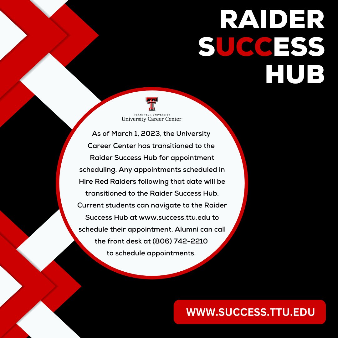 Need to meet with a career counselor? Schedule your appointment today via the Raider Success Hub! Appointments can be made for in-person, phone, or virtual sessions. Or you can call our office at (806) 742-2210 to schedule your appointment. See you soon! #TTU #TexasTech