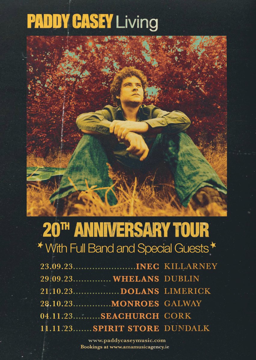 Ok it’s on...
Paddy Casey’s ‘Living’ 
20th Anniversary Tour.
(full band and surprise guests)
In collaboration with some cool venues around the place I am excited to say we’ve booked a handful of intimate gigs to celebrate.

Tickets on Sale Friday 10am... paddycaseymusic.com