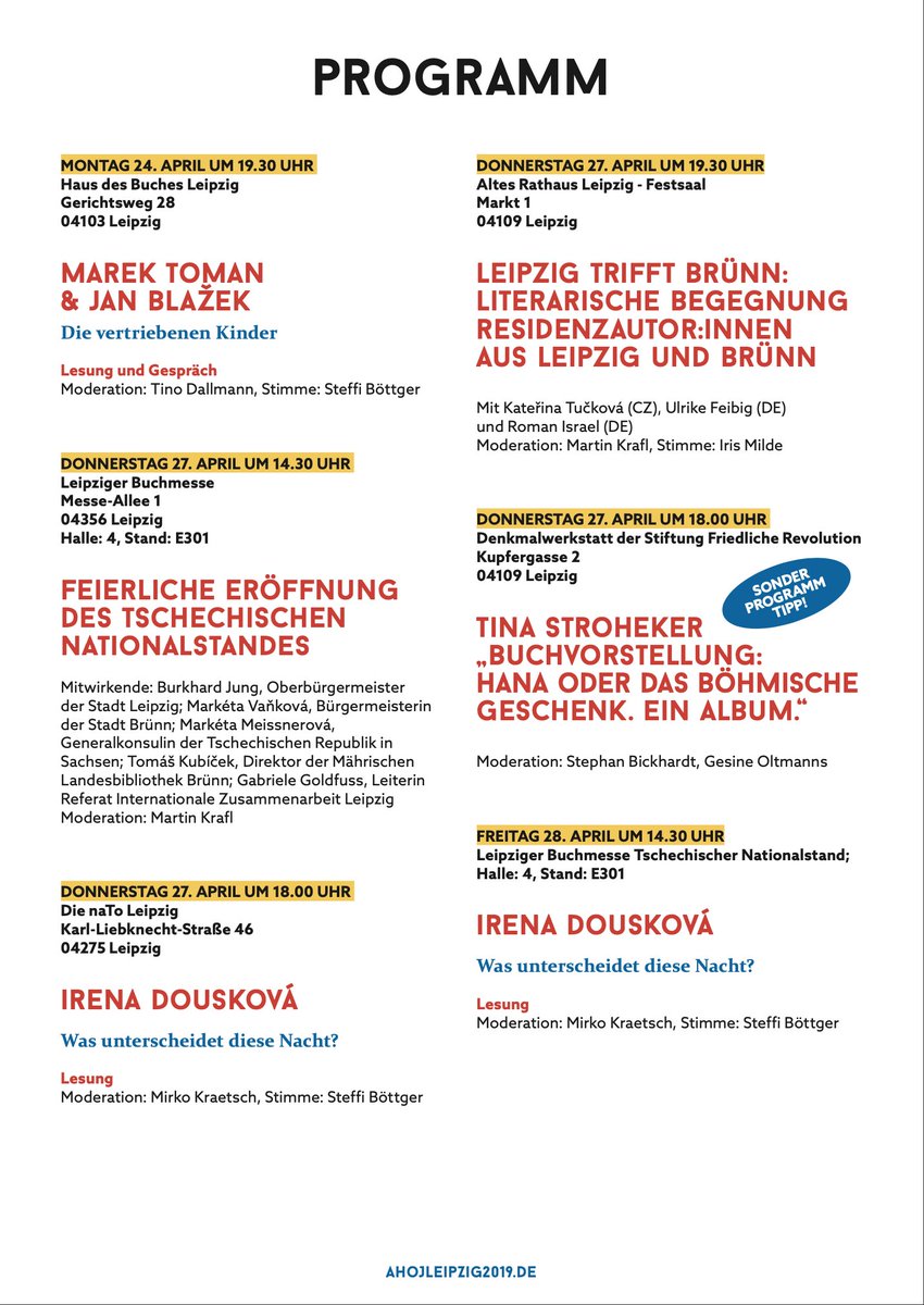 Leipzig2020Tsch's tweet photo. Am Donnerstag, 27. April, erwarten euch gleich mehrere tschechische Programmpunkte im Rahmen der Leipziger Buchmesse!

Kommt vorbei! https://t.co/pcLPh1Wlll