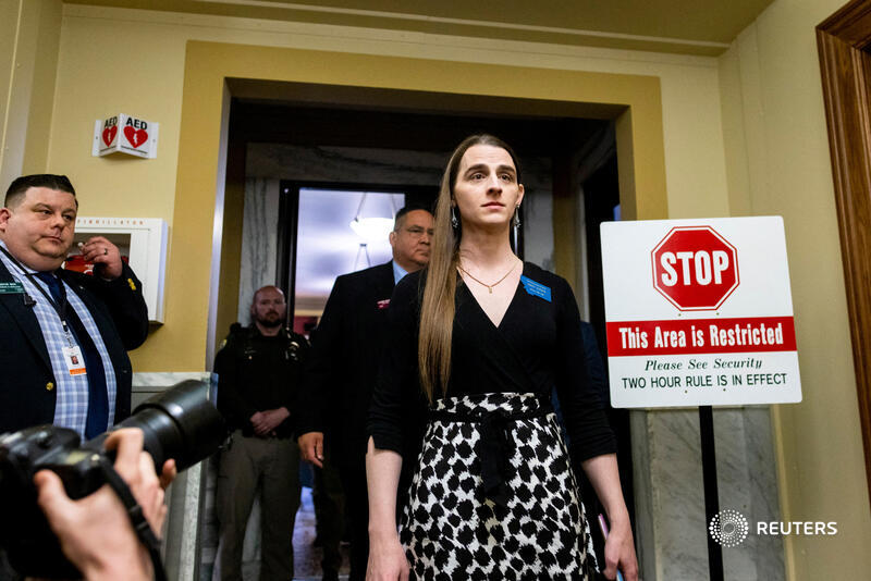 Montana State Representative Zooey Zephyr leaves the House chamber at the Montana State Capitol after a motion to bar her passed reut.rs/3oD7YUG 📷 Mike Clark