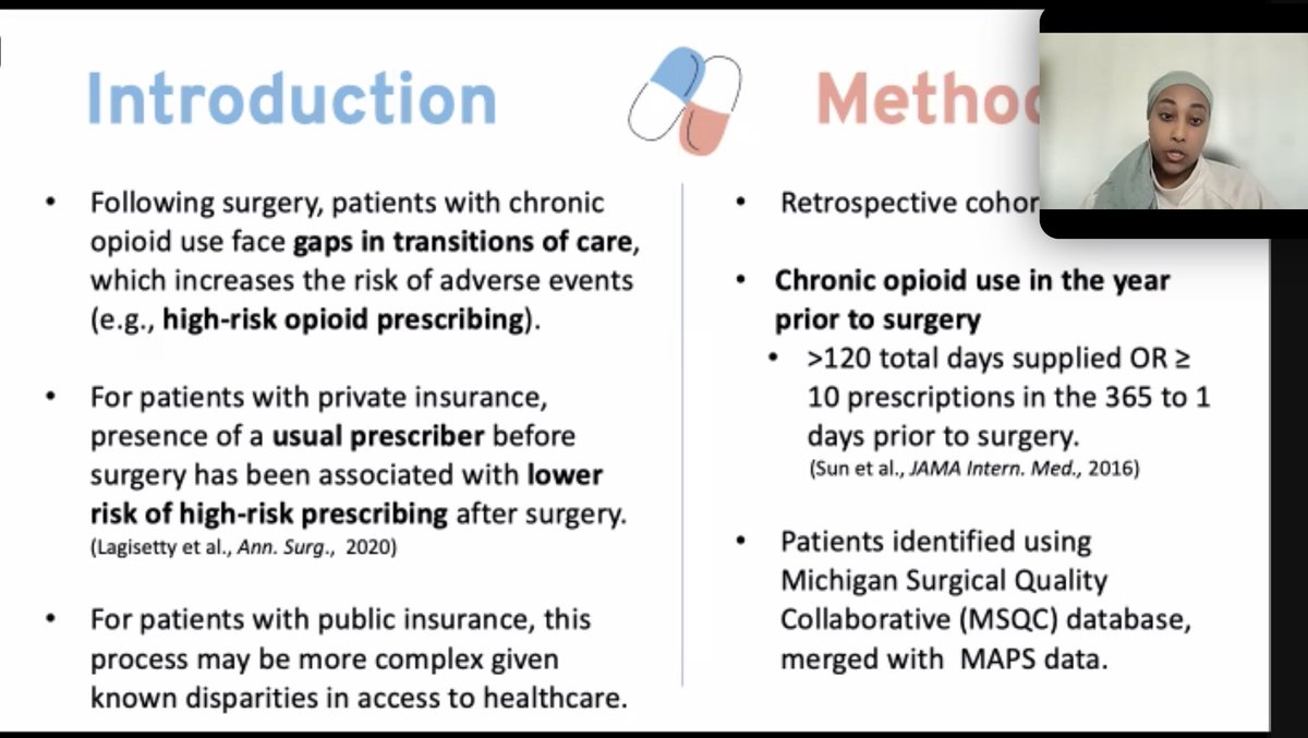 drchadb's tweet photo. .@umichmedicine medical student extraordinaire Limi Sharif. Her research found that while postop high risk #opioid prescribing was high for those using opioids before #surgery there were no differences between private and Medicaid insurance. More work to do! 4/ https://t.co/tbNO6ynEEh