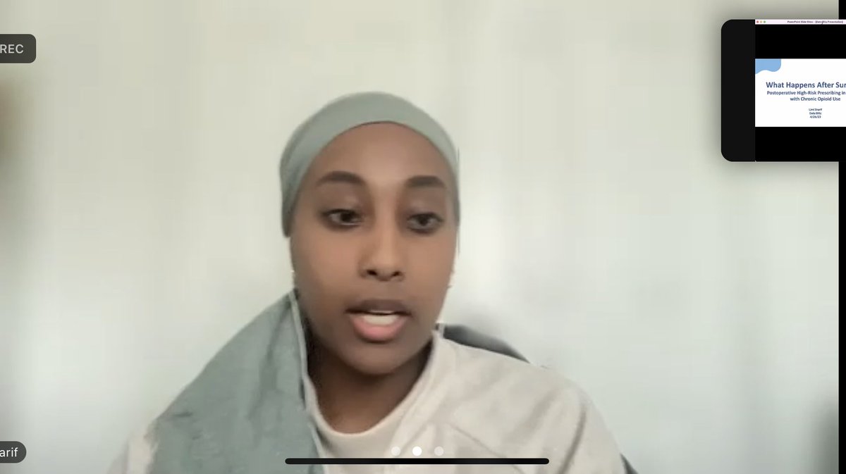 drchadb's tweet photo. .@umichmedicine medical student extraordinaire Limi Sharif. Her research found that while postop high risk #opioid prescribing was high for those using opioids before #surgery there were no differences between private and Medicaid insurance. More work to do! 4/ https://t.co/tbNO6ynEEh