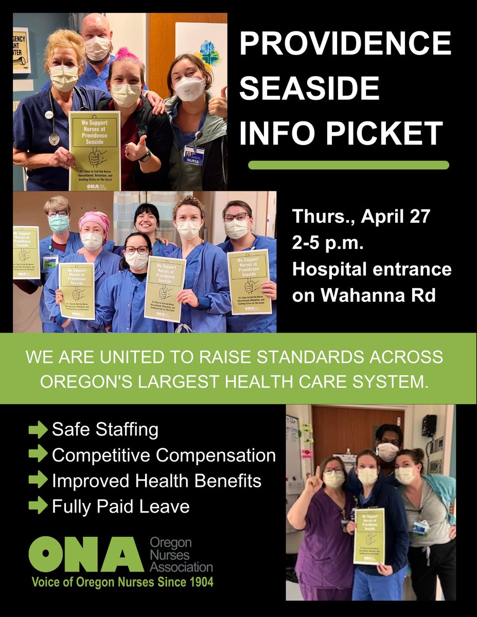 Looking for an excuse to visit the beach? Join us tomorrow for some 😎 and info picketing in #Seaside! Everyone is welcome. We'll be in front of <a href="/ProvHealth/">Providence Oregon</a> Seaside Hospital from 2-5pm. We'll bring sunscreen! RSVP here: ow.ly/Gorg50NVBT9
#SafeStaffing #Oregon #nurses