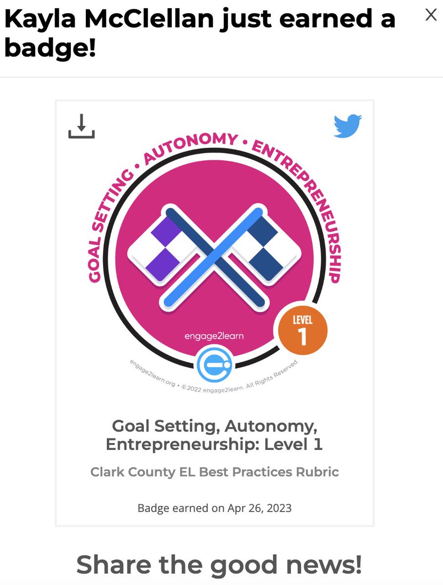 Shoutout to Ms. McClellan from Mountain View ES in <a href="/ClarkCountySch/">CCSD</a> - she earned a level 1 badge in Goal Setting today for her hard work! Way to go!! 🎉 @mitziclarkrich