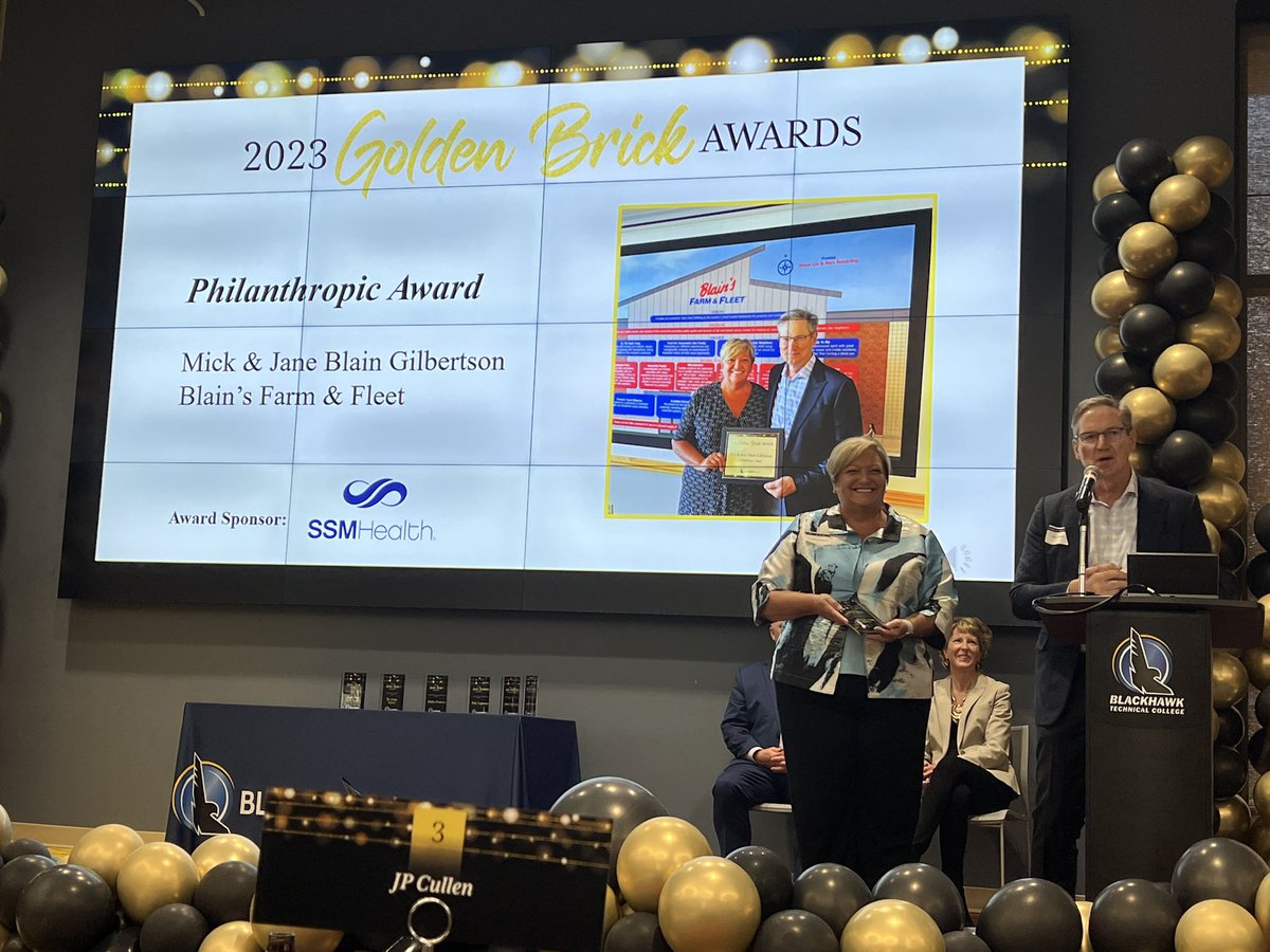 Fwd_Janesville's tweet photo. Congratulations to Jane &amp; Mick Blain Gilberston of @FarmandFleet for their 2023 Golden Brick Award recognizing their Philanthropic leadership for our community! https://t.co/rX37nprH2a