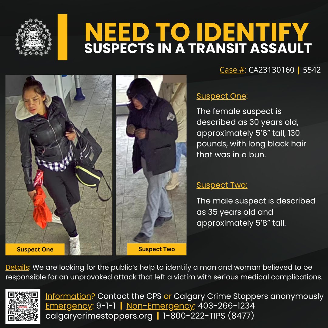 CalgaryPolice's tweet photo. ℹ️ NEED TO IDENTIFY ℹ️

On March 30, 2023, at approx. 9:45 a.m., a 73-year-old man was sitting inside the Marlborough CTrain Station, located at 889 36 St. N.E., when he was approached by a man & a woman. In an unprovoked attack, the woman then hit the victim in the head with a glass bottle & the man struck the victim with an unknown object. The victim fell to the ground, where he was knocked unconscious & the offenders fled the area.

We are now asking for the public’s help to identify these individuals. 

🌐 https://t.co/HTOwDizM3o