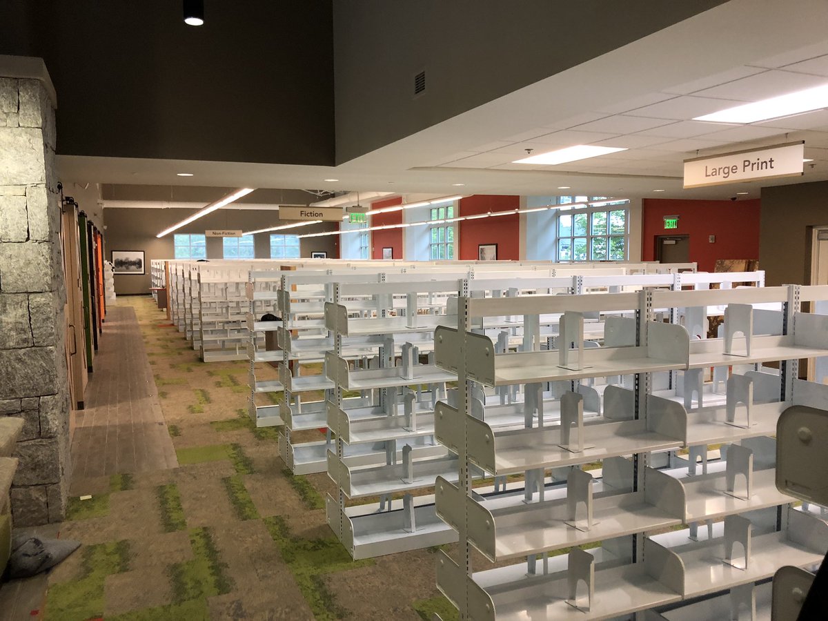 Bookman30022's tweet image. All adult shelving and furniture has returned to their side of the library and a portion of children’s shelving too.  It’s starting to look like #TheNewMiltonLibrary once again.  #libraries #RestorationProject  #WorkinProgress @fulcolibrary