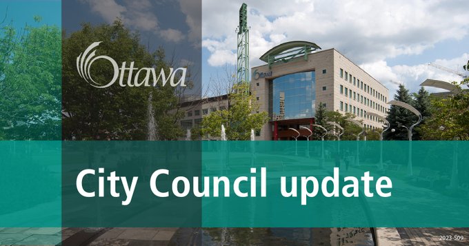 A graphic with Ottawa City Hall is in the background. A vertical grey stripe and a horizontal turquoise stripe are in the foreground with " City Council update" in the centre.