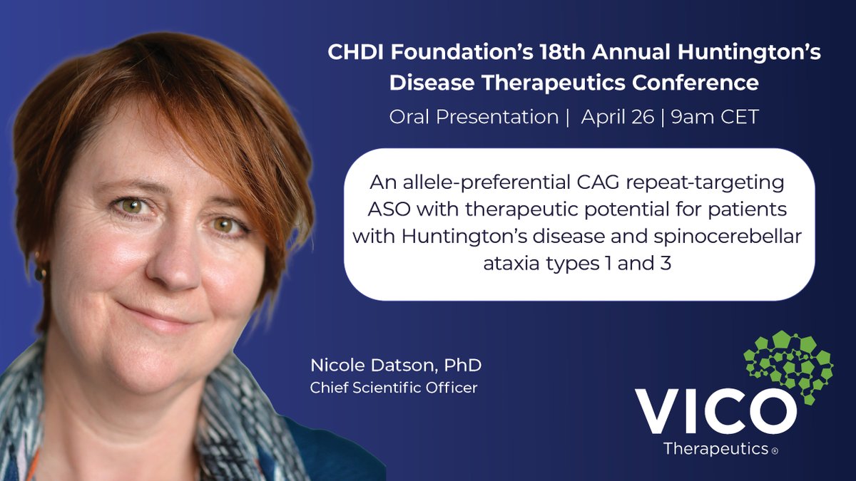 Today at the CHDI Foundation’s 18th Annual Huntington’s Disease Therapeutics Conference, our Chief Scientific Officer Nicole Datson, PhD, highlighted preclinical data related to our lead asset in an oral presentation. Find details: vicotx.com/vico-therapeut…