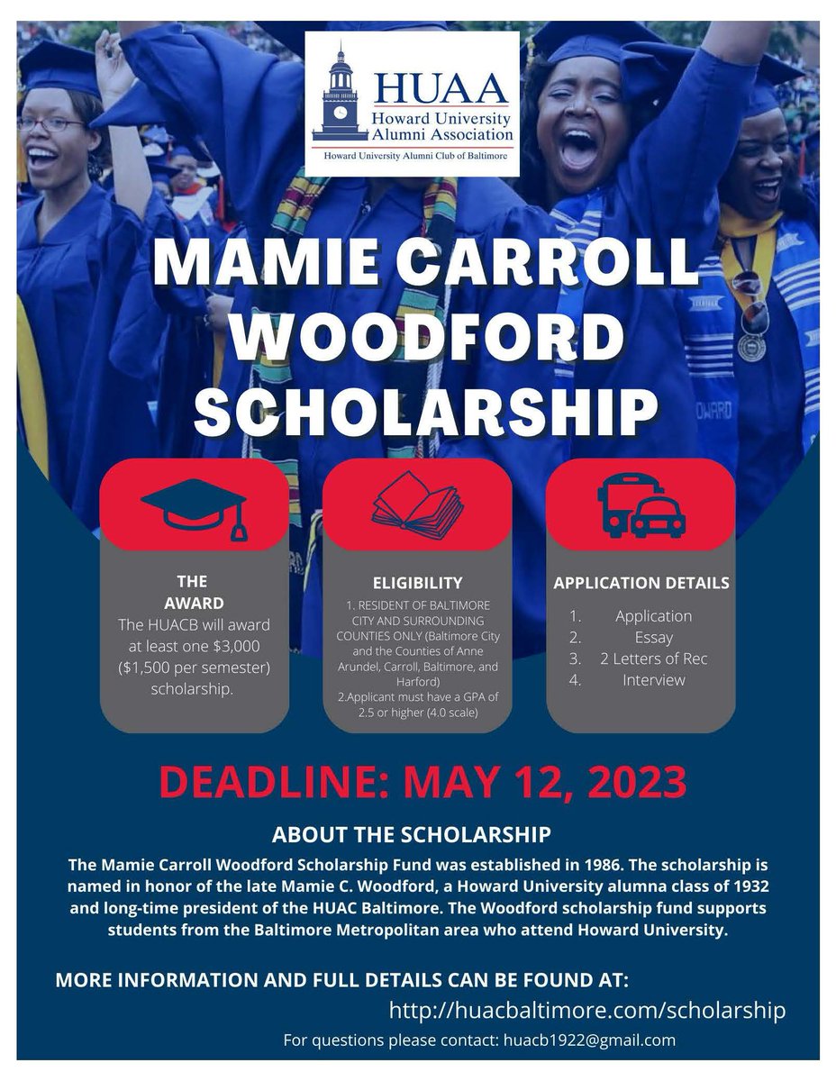 Incoming and current students from Baltimore and surrounding counties apply! <a href="/HUACBALTIMORE/">HUAC of Baltimore</a> <a href="/HUKarshSTEM/">Karsh STEM Scholars Program</a> <a href="/HowardU/">Howard University</a> <a href="/bkx_howardu/">Beta Kappa Chi- Howard U Chapter</a> @Prof_Andrisse <a href="/AngelByrdMDPhD/">AngelByrdMDPhD</a> <a href="/bertram/">cansu</a> @drpezster
#Scholarships #bison huacbaltimore.com/scholarship
