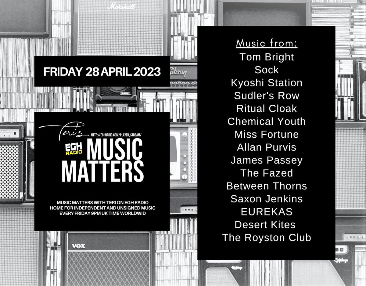 This Friday 9pmBST #TuneIn <a href="/EGHRadio/">EGH Radio</a> #MusicMatters 
#ListenHere station.voscast.com/52b23f79d834e/
Listen to and enjoy the great new music from-
<a href="/tombrightmusic/">Tom Bright</a> #Sock <a href="/KyoshiStation/">Kyoshi Station</a> <a href="/sudler_s/">Sudler's Row</a> <a href="/ritualcloak/">Ritual Cloak</a> <a href="/chemicalyouth95/">Chemical Youth</a> <a href="/MissFortune/">Miss Fortune</a> +more
#NewMusicAlert Info:facebook.com/MusicMattersWi…
