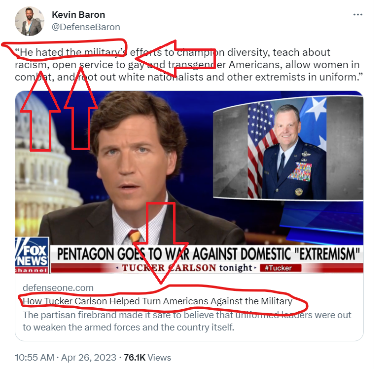 GlemGreenwald's tweet photo. Finally the lying MSM is forced to acknowledge objective reality: Tucker Carlson "hated the military" and was one of the leading voices turning his viewers "against the Military's" intervention and warmongering.   

PS- No need to read anything outside of the highlighted part. https://t.co/75i4CW06Vb