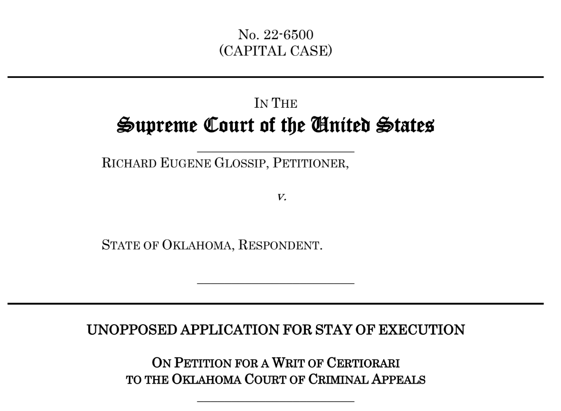 chrisgeidner's tweet photo. BREAKING: Richard Glossip's lawyers file an *unopposed* application for a stay of execution at #SCOTUS: 

"The State of Oklahoma does not oppose this application ...." 

Filing: https://t.co/OfgiHEX90l https://t.co/c1d94fTTSl