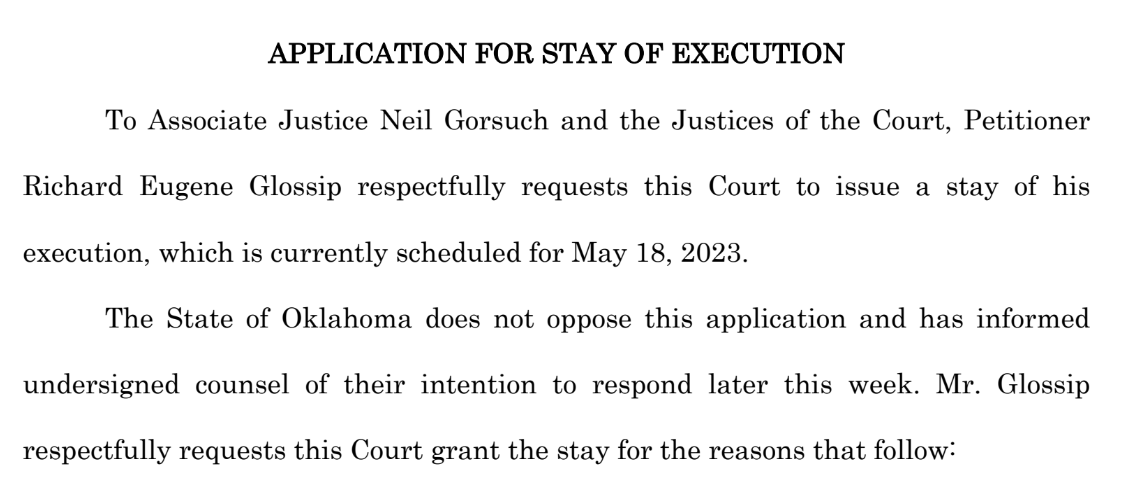 chrisgeidner's tweet photo. BREAKING: Richard Glossip's lawyers file an *unopposed* application for a stay of execution at #SCOTUS: 

"The State of Oklahoma does not oppose this application ...." 

Filing: https://t.co/OfgiHEX90l https://t.co/c1d94fTTSl