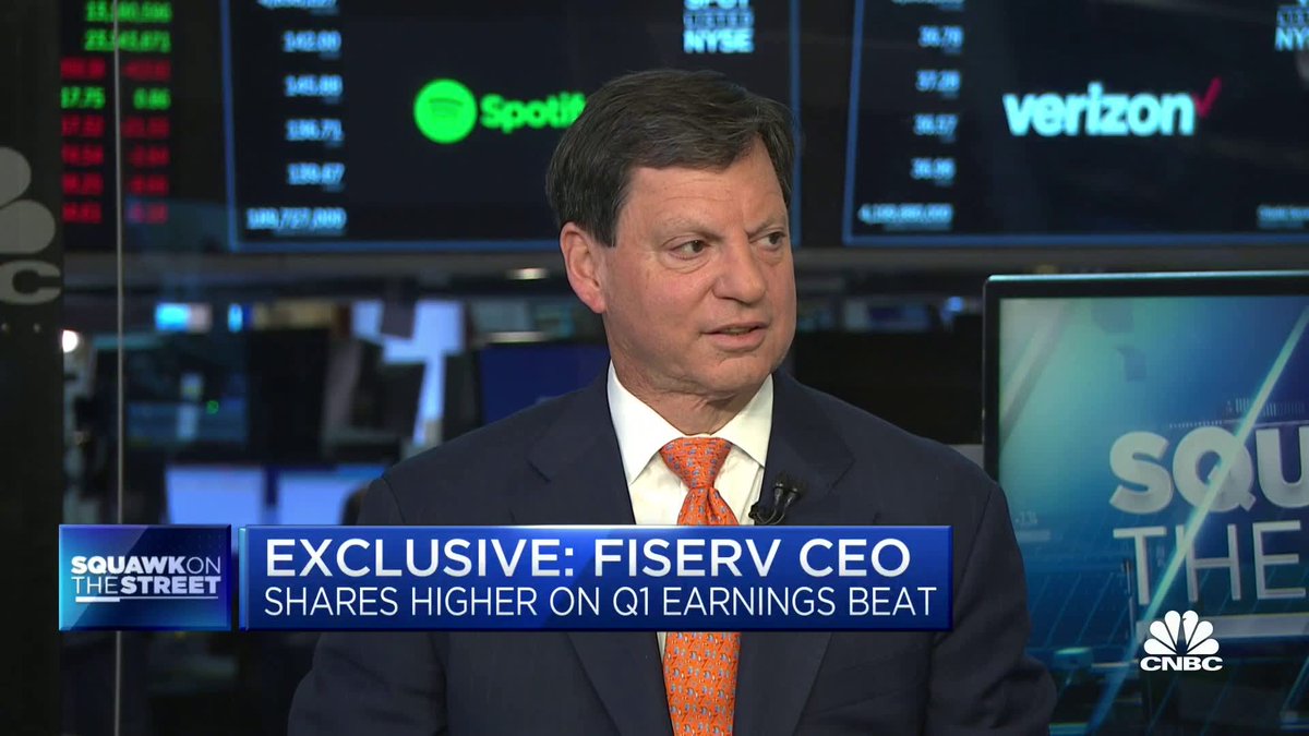 Fiserv's tweet photo. Fiserv CEO Frank Bisignano joined @CNBC @SquawkStreet to discuss the banking climate and consumer spending as the company reported strong quarterly results. Watch the interview: https://t.co/RyfYQMGJCr https://t.co/UksJm6U60i