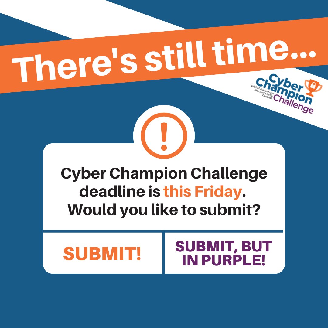 PING! 🔔 We're notifying you that there's still time to submit your students' designs to the #CyberChampion2023 Challenge!  Unless... do you not like free stuff? No way. Everyone likes free stuff! Submit by THIS FRIDAY, April 28! <a href="/FCLEdu/">Fair Chance Learning</a> 

cyberchampion.ca